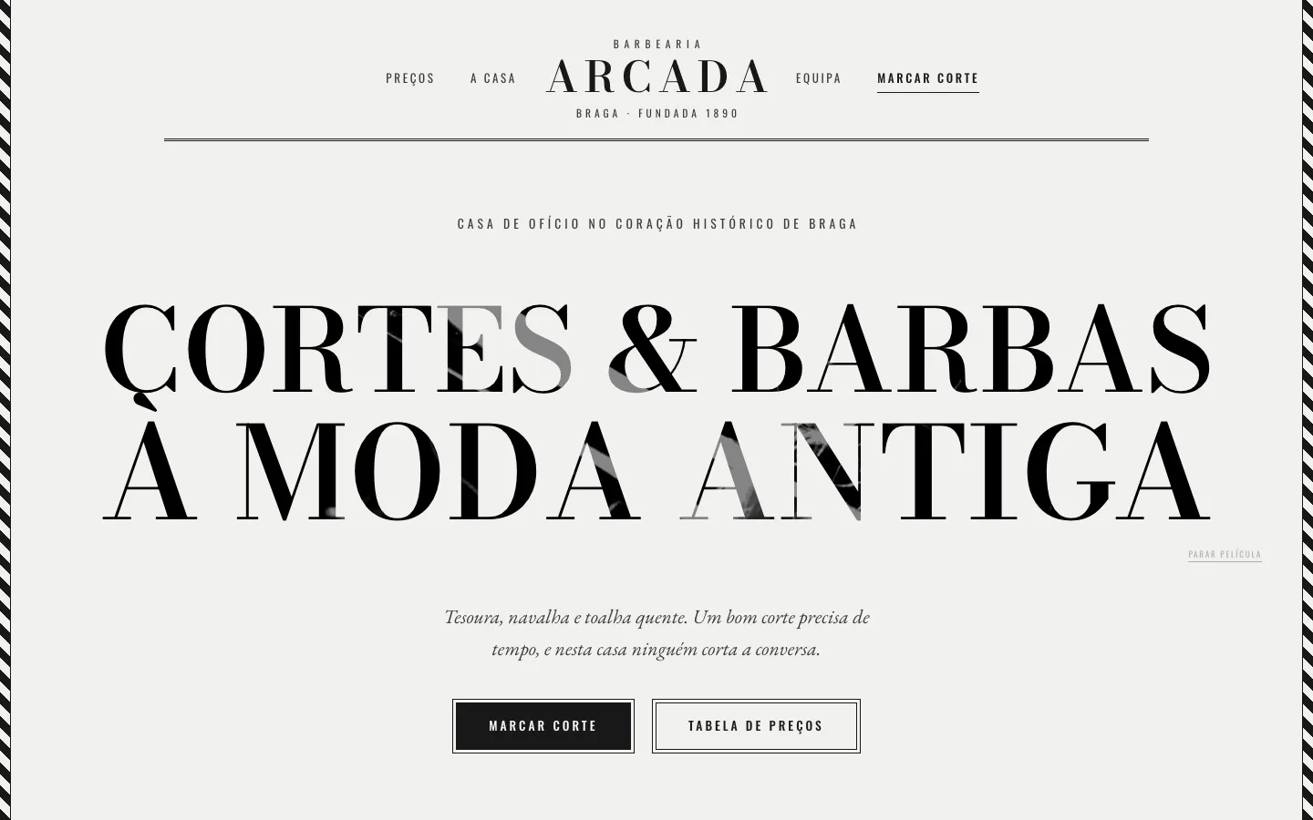 Página inicial do site Barbearia Arcada