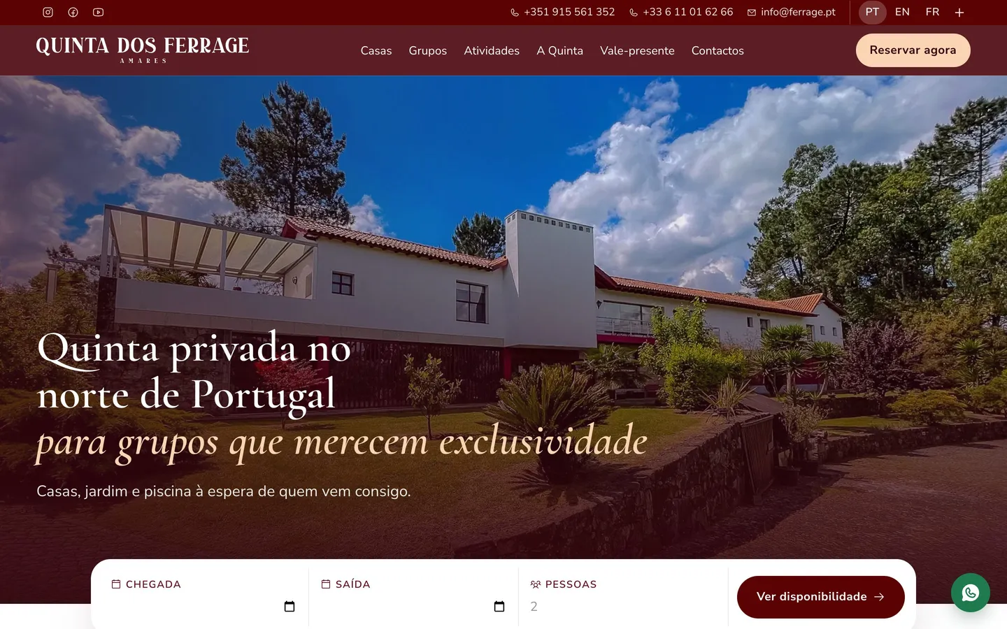 Página inicial do site Quinta dos Ferrage